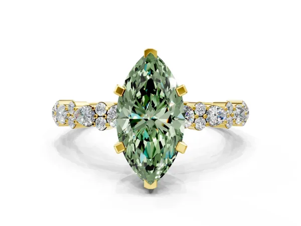 Fancy Green Marquise Cut Diamond Side Stone Solitaire Ring with Round and Four-Prong Setting Yellow gold