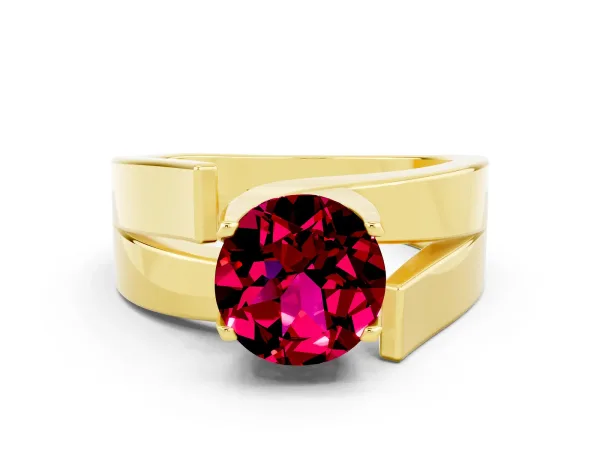 Modern Tension Set Round Cut Garnet Solitaire Wide Band Ring Yellow gold