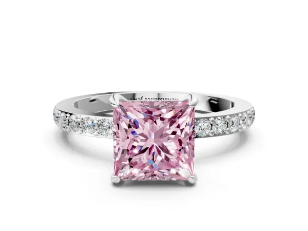 Fancy Pink Princess Cut Diamond Solitaire Engagement Ring with Pavé Band and Four-Prong Setting Platinum