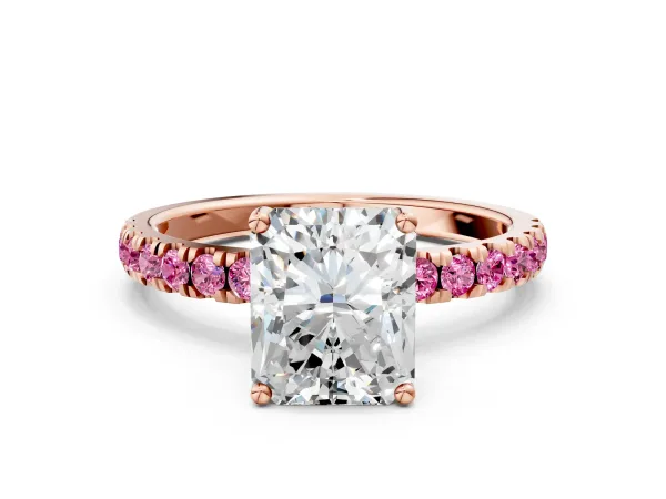 Radiant Cut Diamond Pave Band Solitaire Ring with Round Pink Sapphire and Prong Setting Rose gold