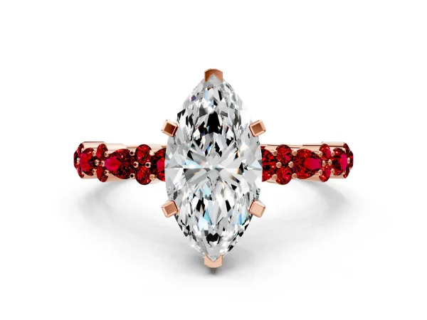 Marquise Cut Diamond Side Stone Solitaire Ring with Round Ruby and Four-Prong Setting Rose gold