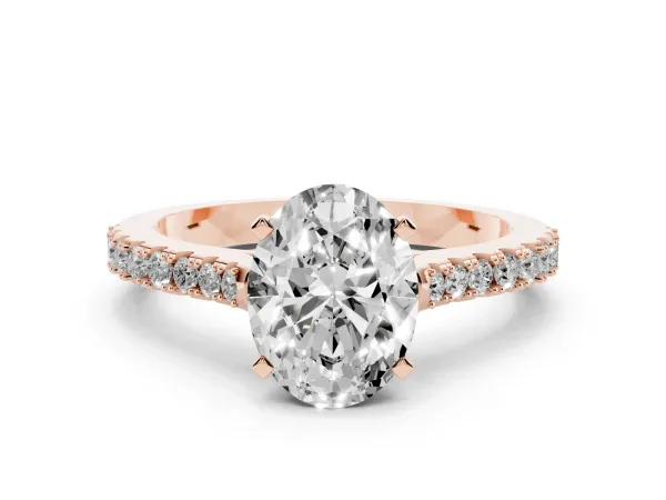 Oval Cut Cut Solitaire Diamond Engagement Ring with Pave Band and Four-Prong Setting Rose gold