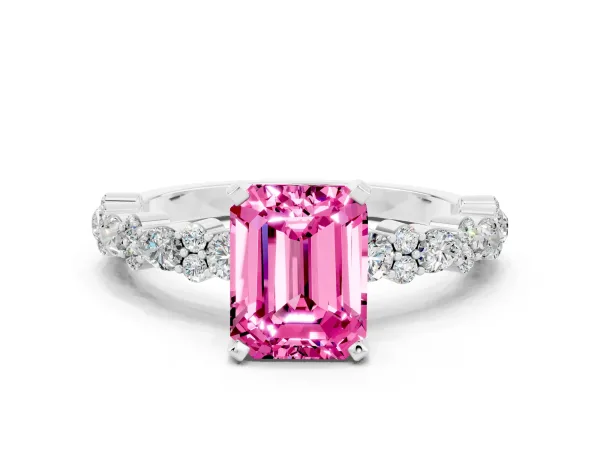 Emerald Cut Pink Sapphire Side Stone Solitaire Ring with Round and Four-Prong Setting White gold