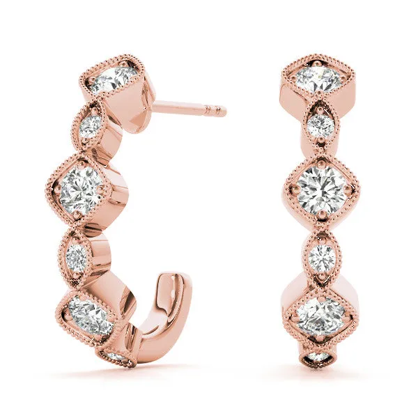 Milgrain Cushion and Marquise Diamond Hoop Earrings Rose gold