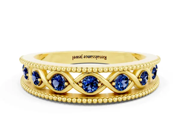 Round Blue Sapphire Twist Milgrain Band with Bezel Setting Yellow gold
