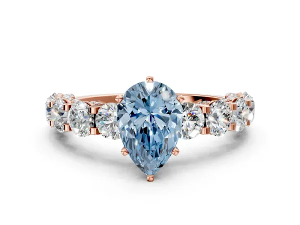 Fancy Blue Pear Cut Diamond Side Stone Engagement Ring with Four-Prong Setting Rose gold