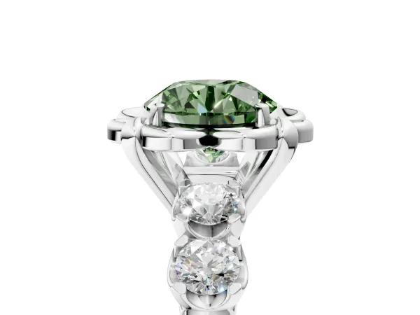 Fancy Green Round Cut Cut Diamond Floral Halo Engagement Ring with Shared Prong Setting Platinum