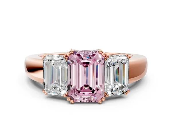 Fancy Pink Three-Stone Emerald Cut Cut Diamond Ring with Channel Set Band and Four-Prong Setting Rose gold