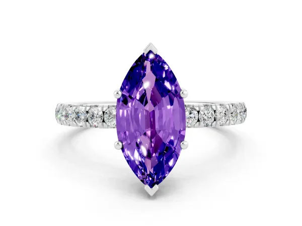 Marquise Cut Tanzanite Pave Band Solitaire Ring with Round and Prong Setting White gold
