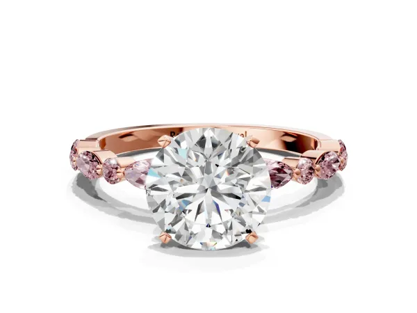 Round Cut Diamond Ring with Marquise and Round Morganite Side Stones and Four-Prong Setting Rose gold