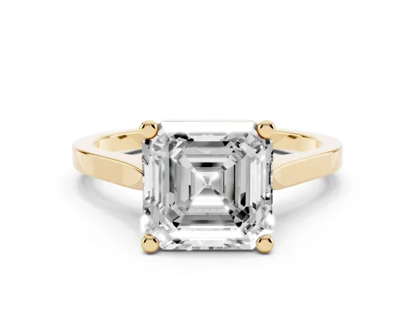 Asscher Cut Solitaire Diamond Ring with Four-Prong Setting and Tapered Band Yellow gold