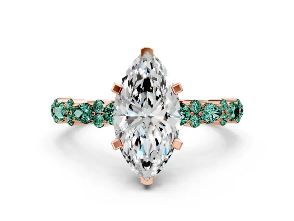 Marquise Cut Diamond Side Stone Solitaire Ring with Round Green Sapphire and Four-Prong Setting Rose gold