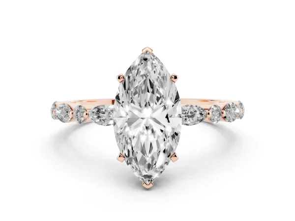 Marquise Cut Diamond Ring with Marquise and Round Side Stones and Four-Prong Setting Rose gold