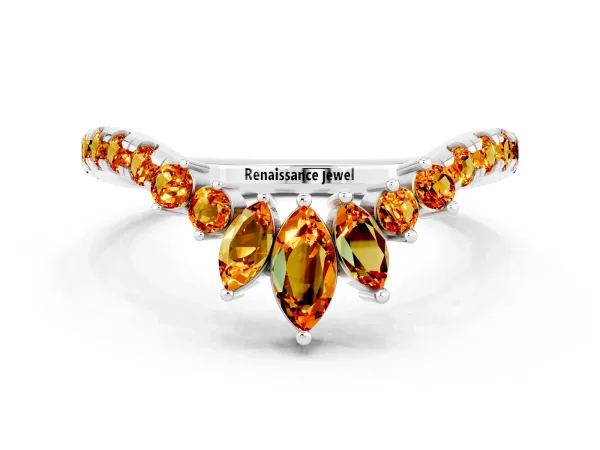 Chevron Marquise and Round Citrine Open Band with Prong Setting Platinum