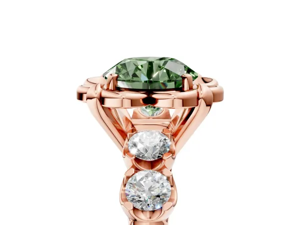 Fancy Green Round Cut Cut Diamond Floral Halo Engagement Ring with Shared Prong Setting Rose gold