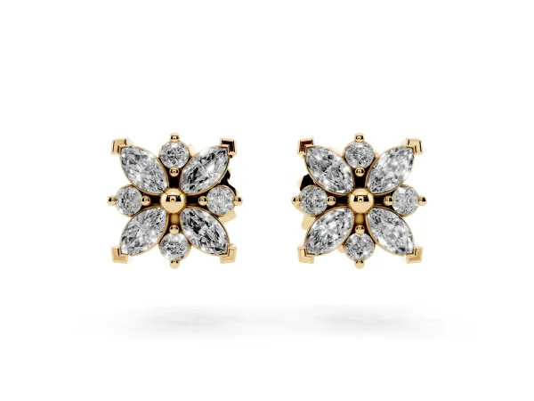 Marquise Diamond Petal Stud Earrings with Diamond Accents Yellow gold