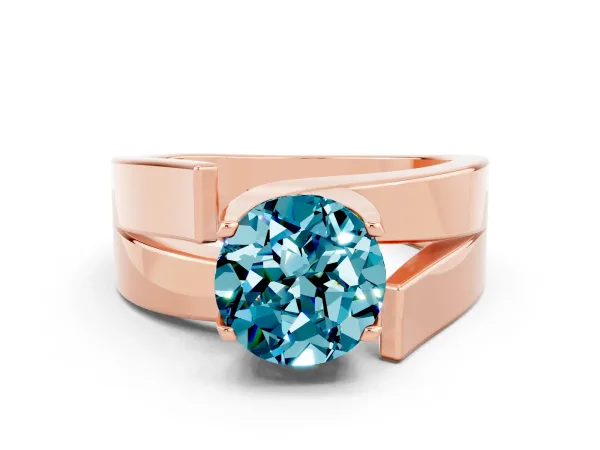 Modern Tension Set Round Cut Blue Topaz Solitaire Wide Band Ring Rose gold