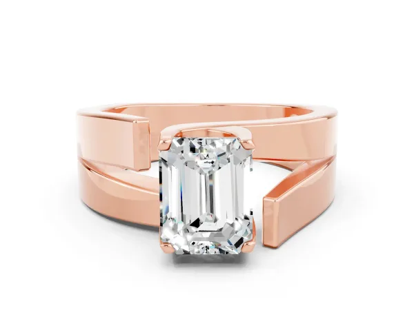 Modern Tension Set Emerald Cut Moissanite Solitaire Wide Band Ring Rose gold