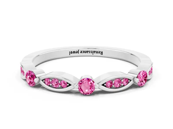 Marquise and Round Pink Sapphire Milgrain Band with Bezel Setting Platinum