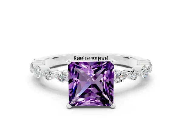 Princess Cut Amethyst Ring with Marquise and Round Side Stones and Four-Prong Setting Platinum
