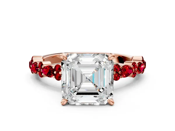 Asscher Cut Diamond Side Stone Solitaire Ring with Round Ruby and Four-Prong Setting Rose gold