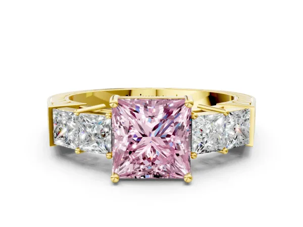 Fancy Pink Princess Cut Solitaire Princess Side Stone Engraved Band Prong Setting Ring Yellow gold