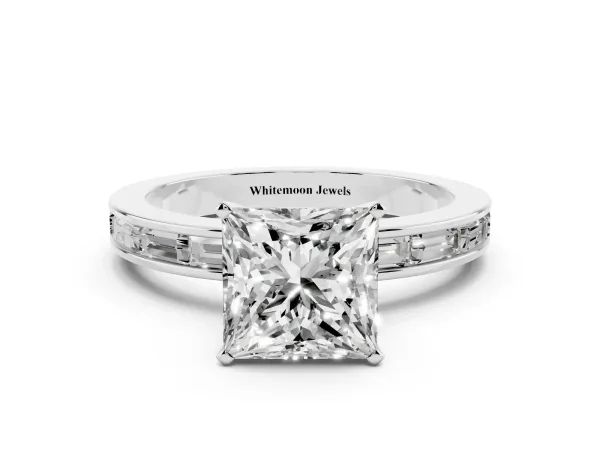 Princess Cut Solitaire Diamond Ring with Channel-Set Baguette Band and Four-Prong Setting White gold