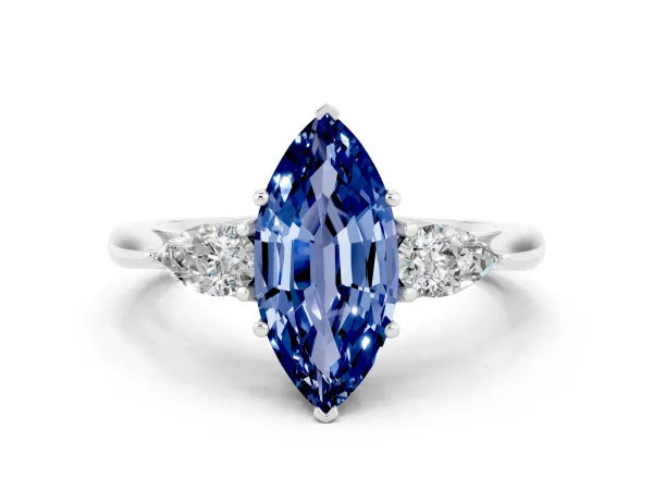 Marquise Cut Blue Sapphire Three-Stone Ring with Pear Side Stones and Prong Setting White gold