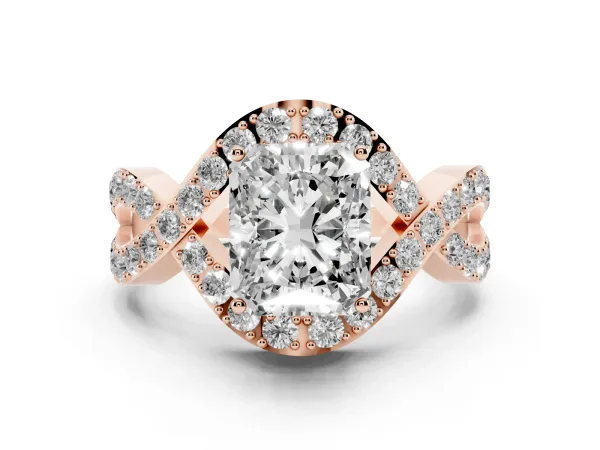 Radiant Cut Solitaire Twist Band Pavé Diamond Engagement Ring Rose gold