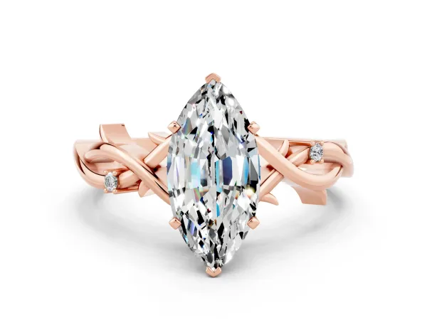 Marquise Cut Moissanite Solitaire Ring with Milgrain Pavé Band and Four-Prong Setting Rose gold