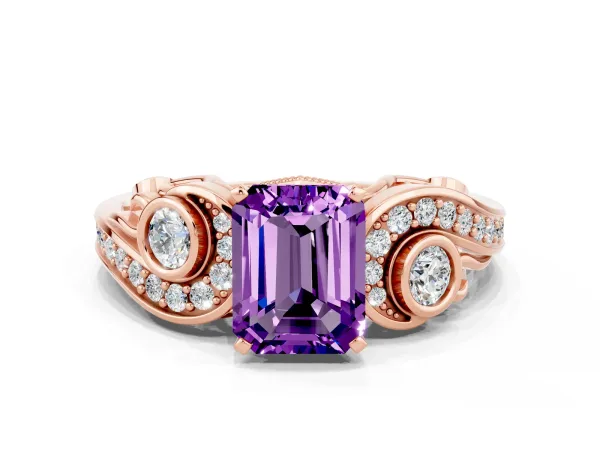 Emerald Cut Amethyst Solitaire Ring with Milgrain Pavé Band and Four-Prong Setting Rose gold