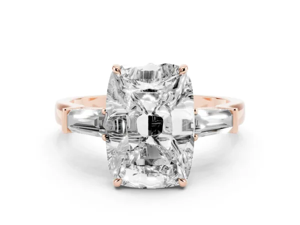 Old Mine Elongated Cushion Diamond with Side Tapered Baguette Three Stone Ring Rose gold