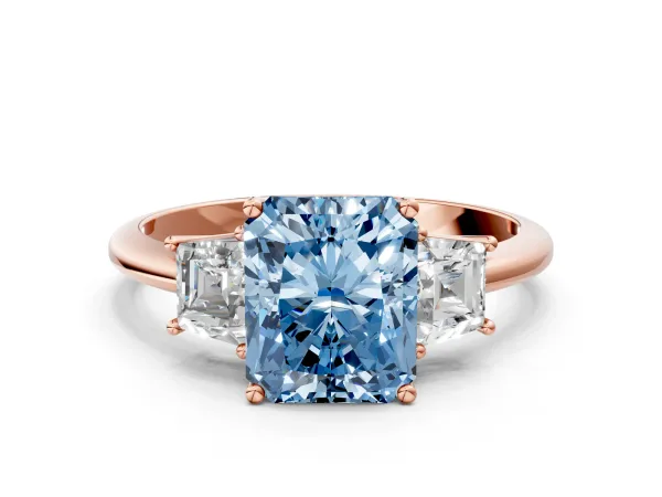 Fancy Blue Radiant Cut Diamond Three-Stone Ring with Trapezoid Side Stones and Prong Setting Rose gold