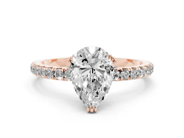 Pear Cut Brilliant Solitaire with Pavé Band and Claw Prong Setting Rose gold