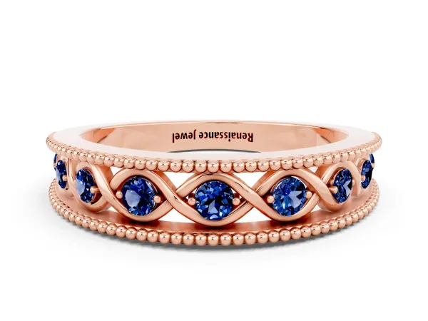 Round Blue Sapphire Twist Milgrain Band with Bezel Setting Rose gold