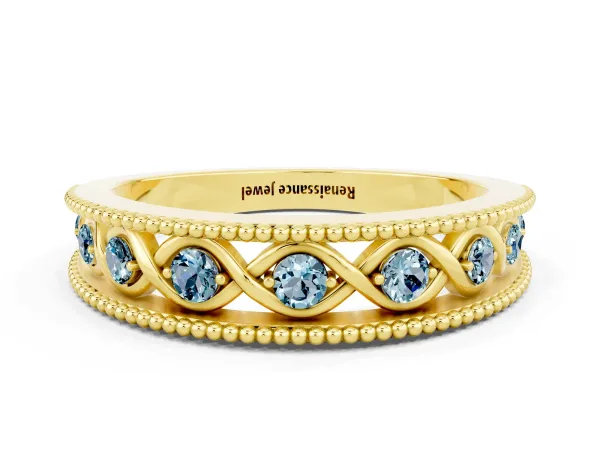 Round Aquamarine Twist Milgrain Band with Bezel Setting Yellow gold