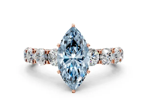Fancy Blue Marquise Cut Diamond Side Stone Engagement Ring with Four-Prong Setting Rose gold