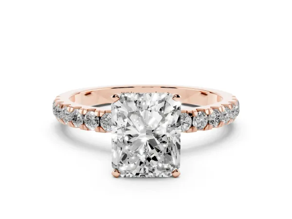 Radiant Cut Diamond Solitaire Ring with Pavé Accents and Four-Prong Setting Rose gold