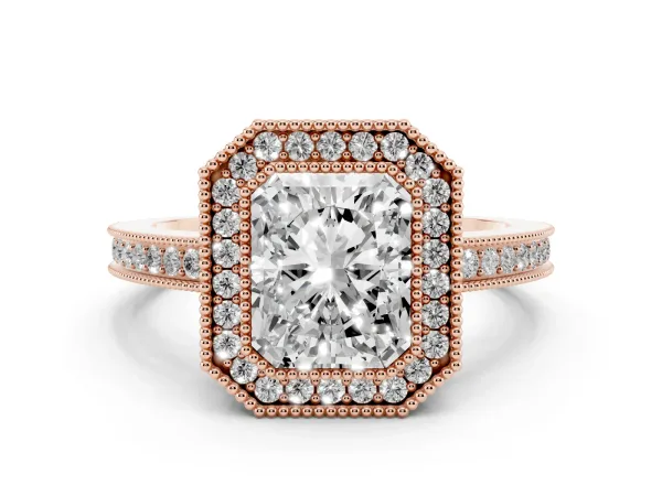 Radiant Cut Cut Halo Diamond Ring with Pavé Band and Milgrain Prong Setting Rose gold