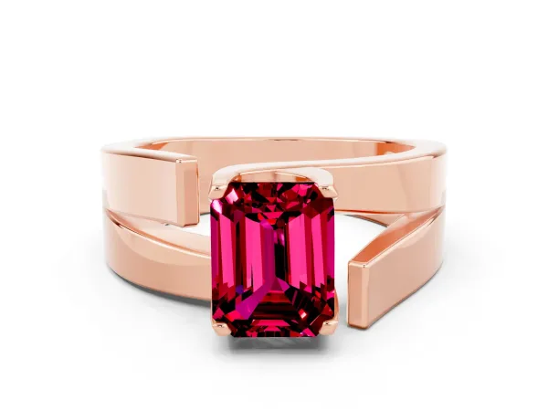 Modern Tension Set Emerald Cut Garnet Solitaire Wide Band Ring Rose gold