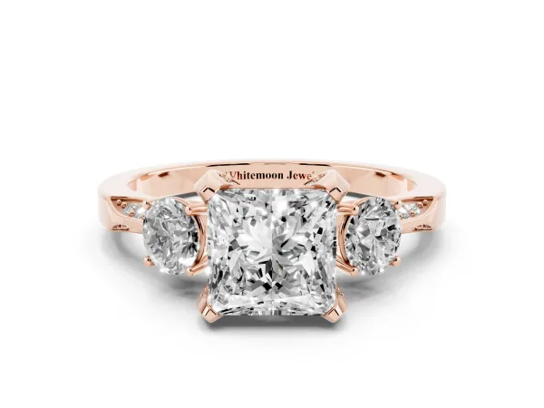 Princess Cut Brilliant Three-Stone Diamond Ring with Pavé Band and Four-Prong Setting Rose gold