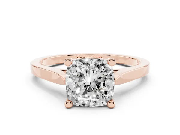 Cushion Cut Solitaire Diamond Ring with Four-Prong Setting and Tapered Band Rose gold