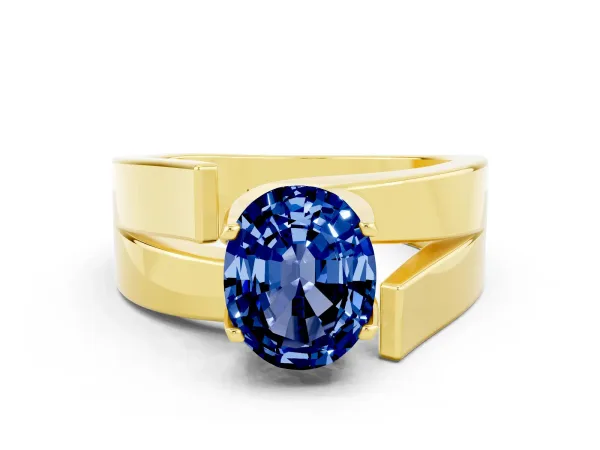 Modern Tension Set Oval Cut Blue Sapphire Solitaire Wide Band Ring Yellow gold