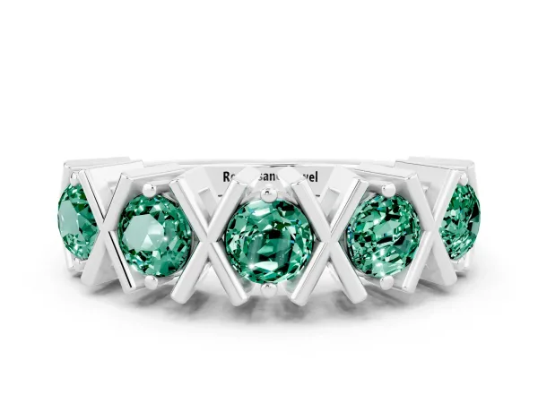 Round Green Sapphire Channel Set Band with X-Prong Detail Platinum