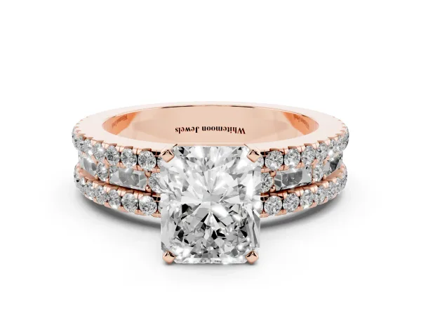 Radiant Cut Diamond Solitaire Ring with Pavé and Channel Set Band Rose gold