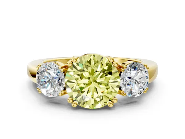 Fancy Yellow Three-Stone Round Cut Cut Diamond Ring with Channel Set Band and Four-Prong Setting Yellow gold