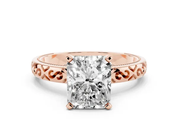 Radiant Cut Solitaire Engagement Ring with Scrollwork Band and Four-Prong Setting Rose gold