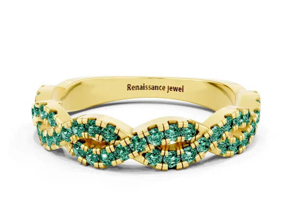 Round Green Sapphire Twisted Eternity Band with Pavé and Shared Prong Setting Yellow gold