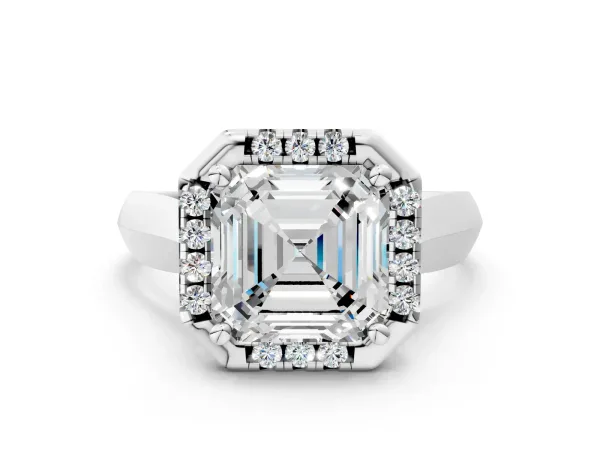 Asscher Cut Cut Halo Solitaire Engagement Ring with Square Band and Four-Prong Setting White gold