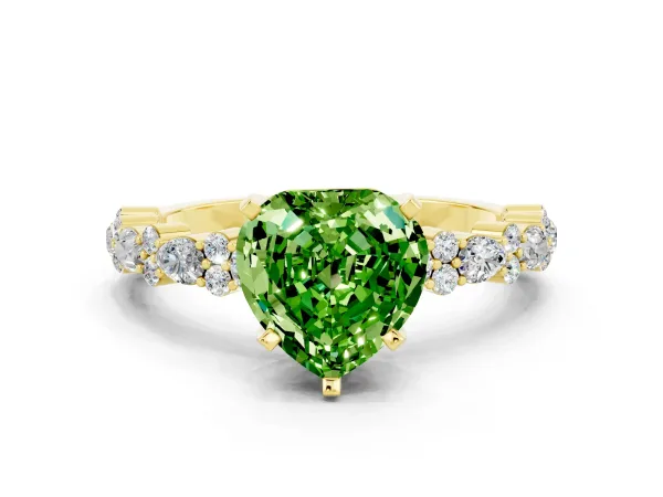 Heart Cut Peridot Side Stone Solitaire Ring with Round and Four-Prong Setting Yellow gold